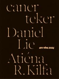Black book cover of ars viva 2024, Atiéna R. Kilfa, Daniel Lie, caner teker, with pale gold font. Published by Kerber.