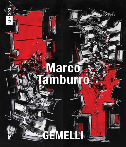 Black book cover of Marco Tamburro. Gemelli, with an abstract painting in black, red and white of painting titled 'Twins'. Published by Forma Edizioni.