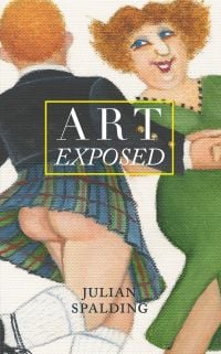 Painting of white couple with ginger hair, dancing, male with back to view, wearing green and blue kilt, exposing bare bottom, on cover of 'Art Exposed', by Pallas Athene.