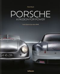Front end of silver Porsche 356/1 and silver Porsche Vision 357, on cover of 'Porsche - A Passion for Power, Iconic Sports Cars since 1948', by teNeues Books.
