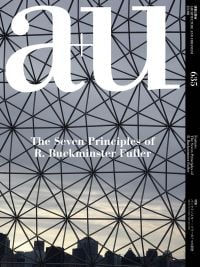 Book cover of a+u 23:08, 635: Feature: The Seven Principles of R. Buckminster Fuller, with a geometric pattern. Published by Shinkenchiku-Sha Co., Ltd.