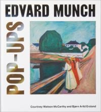 Book cover of Edvard Munch Pop-Ups, featuring an oil painting titled 'The Girls on the Bridge', depicting three figures leaning over the side of a bridge. Published by MUNCH.