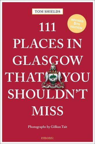 Guide book cover of '111 Places in Glasgow That You Shouldn't Miss', with Coat of arms of Glasgow. Published by Emons Verlag.