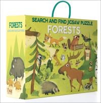 Activity box with rope handle of Forests: Search and Find Jigsaw Puzzle, featuring a forest scene with a moose, bat, owl, fox, rabbit, and others. Published by White Star.