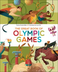 Athletes: one with prosthetic leg, one on horse, one swimming, on cover of 'The Great Book of Olympic Games', by White Star.