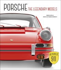 Front of red Porsche 911 on white cover of 'Porsche, The Legendary Models', by White Star.