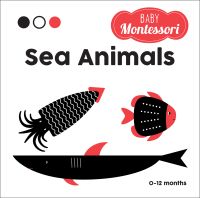 Black shark with red fins, black and white squid, and black and red fish, on white board book cover of 'Sea Animals, Baby Montessori', by White Star.