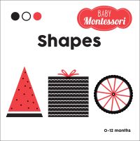 Red and black truck, black car and black helicopter on white board book cover 'Shapes, Baby Montessori', by White Star.