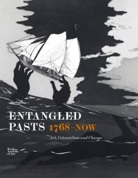 Book cover of Painting of Entangled Pasts, 1768–now, Art, Colonialism and Change, featuring a painting of a boat with large sails being lifted out of the sea by a black pair of hands. Published by Royal Academy of Arts.