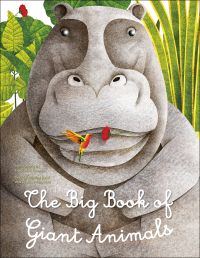 Large grey hippopotamus with red flower in mouth, humming bird hovering nearby, on cover of 'Big Book of Giant Animals, The Small Book of Tiny Animals', by White Star.