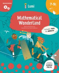 Three children running behind a black and white dog, on green cover of 'The Mathematical Wonderland', by White Star.