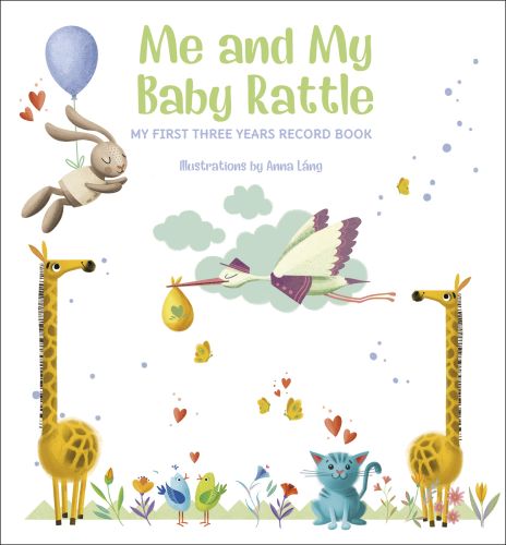 Stock carrying baby bundle in white cloth, two long necked yellow giraffe either side, on cover of 'Me and My Baby Rattle, My First Three Years Record Book', by White Star.