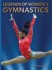 Book cover of Legends of Women's Gymnastics, with American gymnast Simone Biles wearing sparkly red leotard, performing splits in air. Published by Abbeville Press.