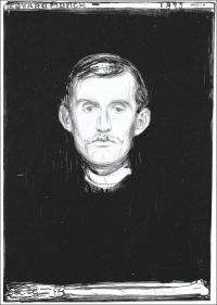 Book cover of Edvard Munch: Infinite, featuring a black and white lithograph titled 'Self-Portrait with Skeleton Arm'. Published by MUNCH.
