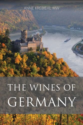 Book cover of Anne Krebiehl's guide, The Wines of Germany, featuring an aerial view of the Burg Katz fortress with river below. Published by Academie du Vin Library.
