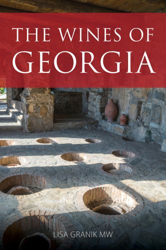 Book cover Lisa Granik's guide, The Wines of Georgia, with clay vessels underground in the cellar at the Nekresi Monastery in Kakheti, Eastern Georgia. Published by Academie du Vin Library.