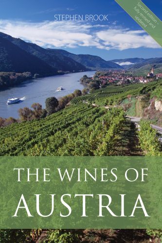 Book cover of Stephen Brook's handbook, The Wines of Austria, with view of the rolling hills of The Wachau Valley and vineyards. Published by Academie du Vin Library.