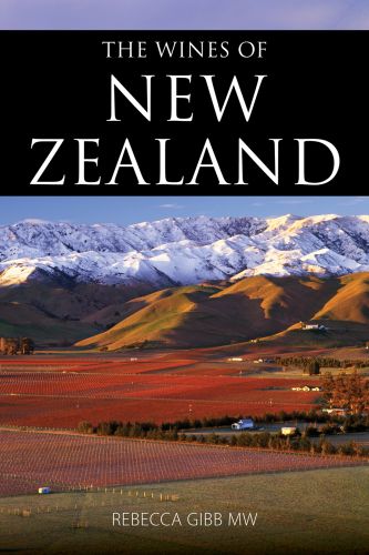Book cover of Rebecca Gibb's guide, The Wines of New Zealand, featuring snow-topped mountains with hills and vineyards below. Published by Academie du Vin.