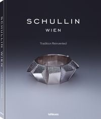 Chunky silver bangle encrusted with small diamonds to top and side edges, on grey ombre cover of 'Schullin, Tradition Reinvented', by teNeues Books.