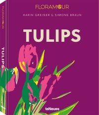 Purple book cover of Tulips, with four pink flowers. Published by teNeues Books.