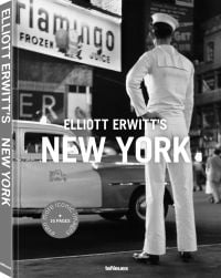 Man wearing white sailor's clothes and hat, with his back to viewer, staring across busy city street, on cover of 'Elliott Erwitt’s New York', by teNeues Books.
