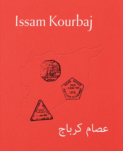 Red cover of exhibition catalogue on Issam Kourbaj, with three black home office stamps. Published by Kettle's Yard, University of Cambridge.