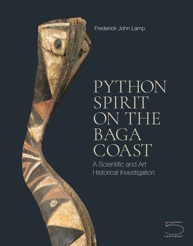 Navy book cover of Python Spirit on the Baga Coast, A Scientific and Art Historical Investigation, featuring a wooden snake. Published by 5 Continents Editions.