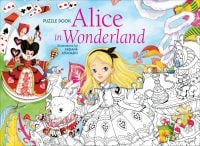 Blonde child in blue dress, with white rabbit, on landscape cover of 'Alice in Wonderland: Puzzle Book', by White Star.