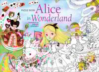 Book cover of Alice in Wonderland: Puzzle Book, with a child in blue dress, with white rabbit. Published by White Star.