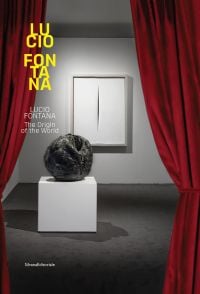 Book cover of Fontana, with an exhibition space featuring a large spherical sculpture on plinth and canvas on wall with a long cut down centre. Published by Silvana.