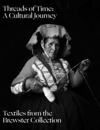Book cover of Threads of Time, with a native woman weaving. Published by Hali Publications.