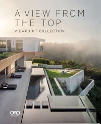 Modern, flat-roofed building with infinity pool and lounge chairs overlooking a green landscape. Published by ORO Editions.