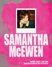 Book cover of Samantha McEwen: London | Paris | New York. Works and Life from the 1980s to the Present, with the artist pictured on the phone. Published by 5 Continents Editions.