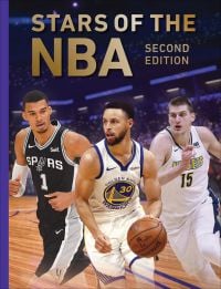 Book cover of Kjartan Atli Kjartansson's Stars of the NBA: Second Edition, with basketballers Victor Wembanyama, Stephen Curry and Nikola Joki? in their kit. Published by Abbeville Press.