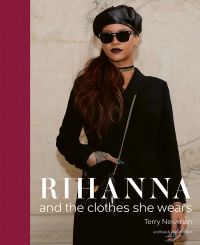 Rihanna looking cool in black coat, PVC beret and sunglasses, on cover of 'Rihanna, and the clothes she wears', by ACC Art Books.