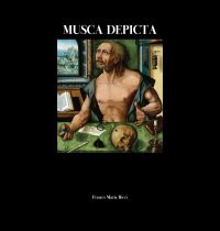Book cover of Musca Depicta, with a painting of man sitting at table, with a fly sitting on a skull. Published by Franco Maria Ricci editore.