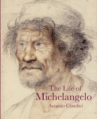 Book cover of The Life of Michelangelo, with a self-portrait of the Italian artist wearing a white hat. Published by Pallas Athene.