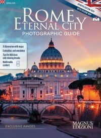 Book cover of Rome Eternal City, with the Tiber river and bridge, and the domed Pantheon building behind. Published by Scripta Maneant Editori.