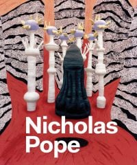 Book cover of Nicholas Pope, with a large black shape surrounded by tall, white poll-shaped structure. Published by Ridinghouse.