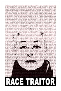 Book cover of Adrian Piper: Race Traitor, with a print of the artist covered with text. Published by Silvana.