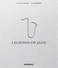Book cover of Legends of Jazz, with the outline of a tenor saxophone. Published by White Star.