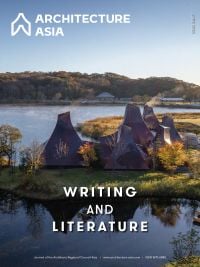 Book cover of Architecture Asia: Writing and Literature with Hoshino Resorts KAI Poroto; buildings with peaked roofs, surrounded by water. Published by Images Publishing.