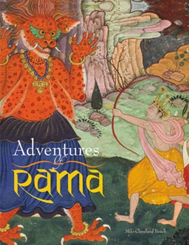 Book cover of The Adventures of Rama: With illustrations from a 16th-century Mughal manuscript, with a figure aiming a bow and arrow at a red beast. Published by Mapin Publishing.