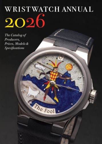 Book cover of Wristwatch Annual 2026: The Catalog of Producers, Prices, Models, and Specifications; showcasing a bold Franck Muller Vanguard Crazy Hours Vegas Racing timepiece with a skeleton dial and colourful numerals.