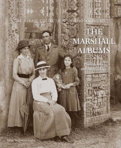 Book cover of The Marshall Albums: Photography and Archaeology, with a family outside a temple. Published by Mapin Publishing.