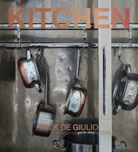 Book cover of Kitchen, with stainless steel pots and pans hanging on a pole. Published by Pointed Leaf Press.