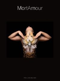Book cover of MortAmour; featuring a person with their head tilted back and arms raised, their torso painted with leopard-like spots and a bird with outstretched wings positioned over their chest. Published by Stichting Kunstboek.