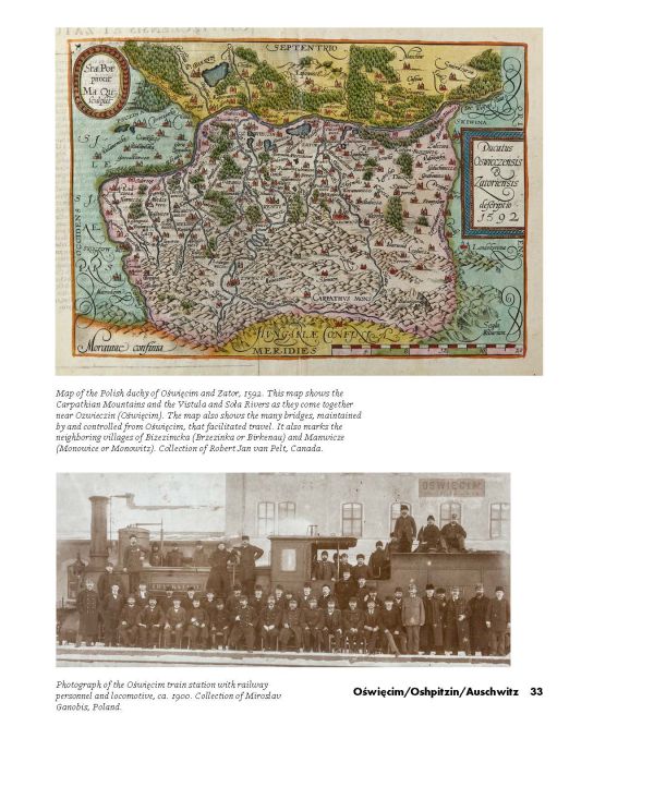 Book cover of Auschwitz: Not Long Ago. Not Far Away, with the train tracks heading towards the Auschwitz II (Birkenau) concentration camp. Published by Abbeville Press.