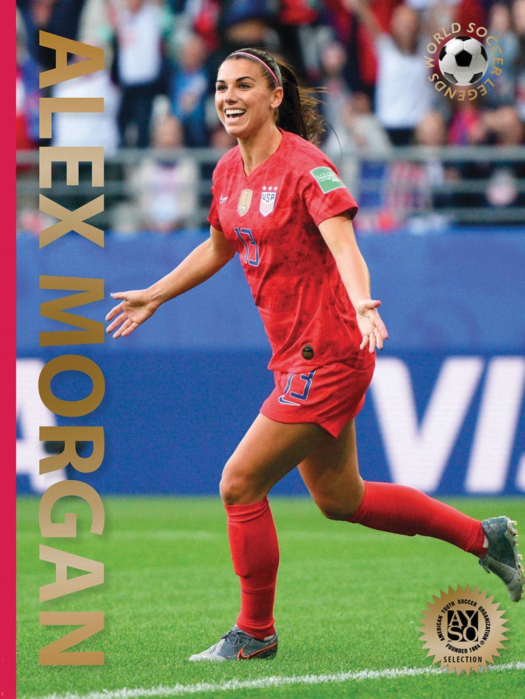 Book cover of Alex Morgan, featuring the American footballer in red kit, celebrating scoring a goal. Published by Abbeville Press.