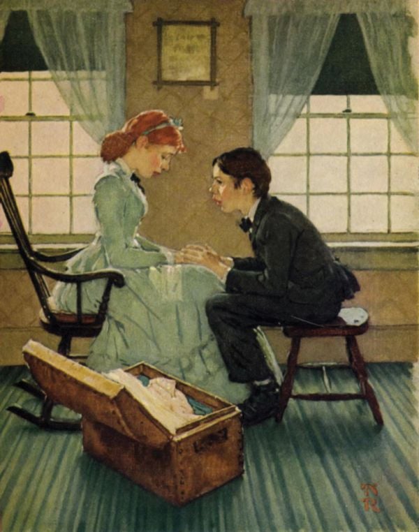 Two-volume box set of The Adventures of Tom Sawyer and Huckleberry Finn, with an illustration by Norman Rockwell of two boys whitewashing the fence, 1936. Published by Abbeville Press.